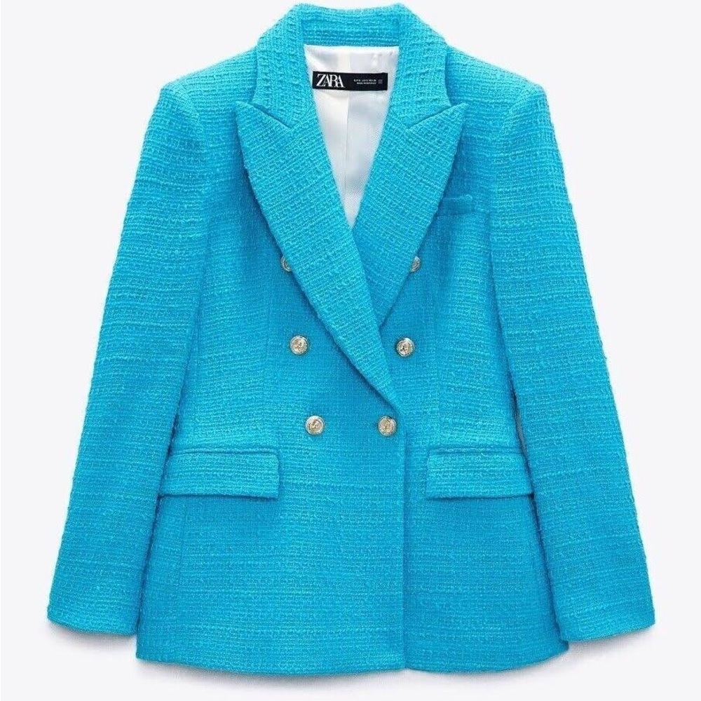 Zara Double Breasted Textured Blazer Blue/turquoise